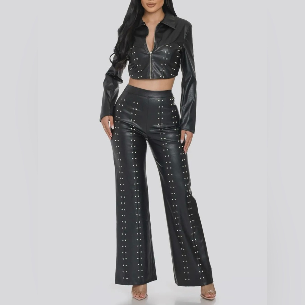 Faux Leather Set with Rhinestone Detail
